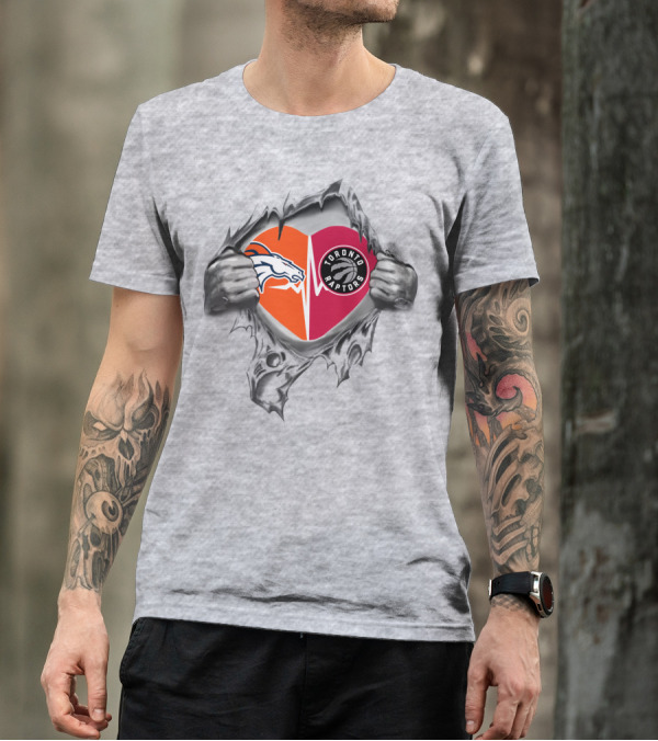 Broncos Raptors Heart Symbol With Ripped Jersey T-Shirt