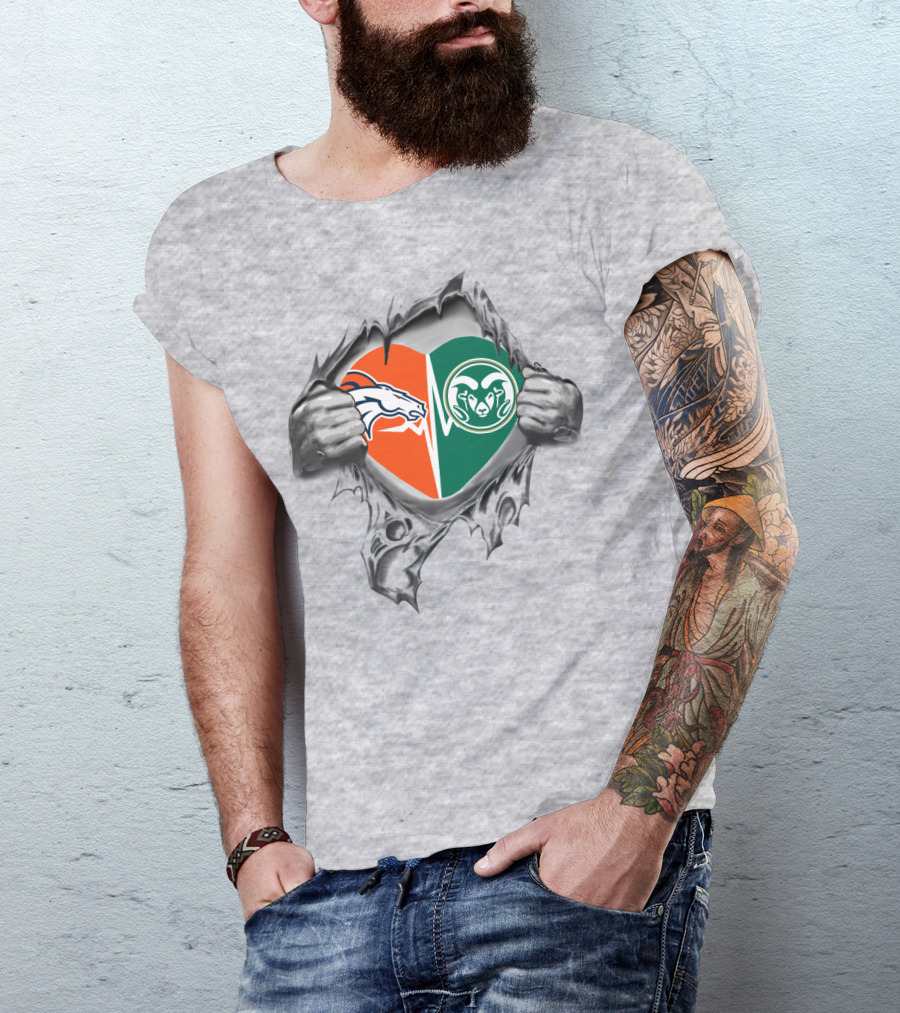 Broncos Rams Split Heart Torn Reveal T-Shirt