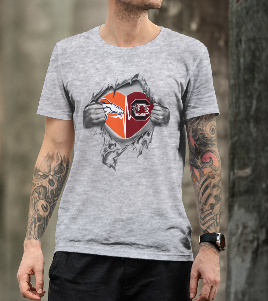 Broncos Gamecocks Heart Rip Logo Blend T-Shirt
