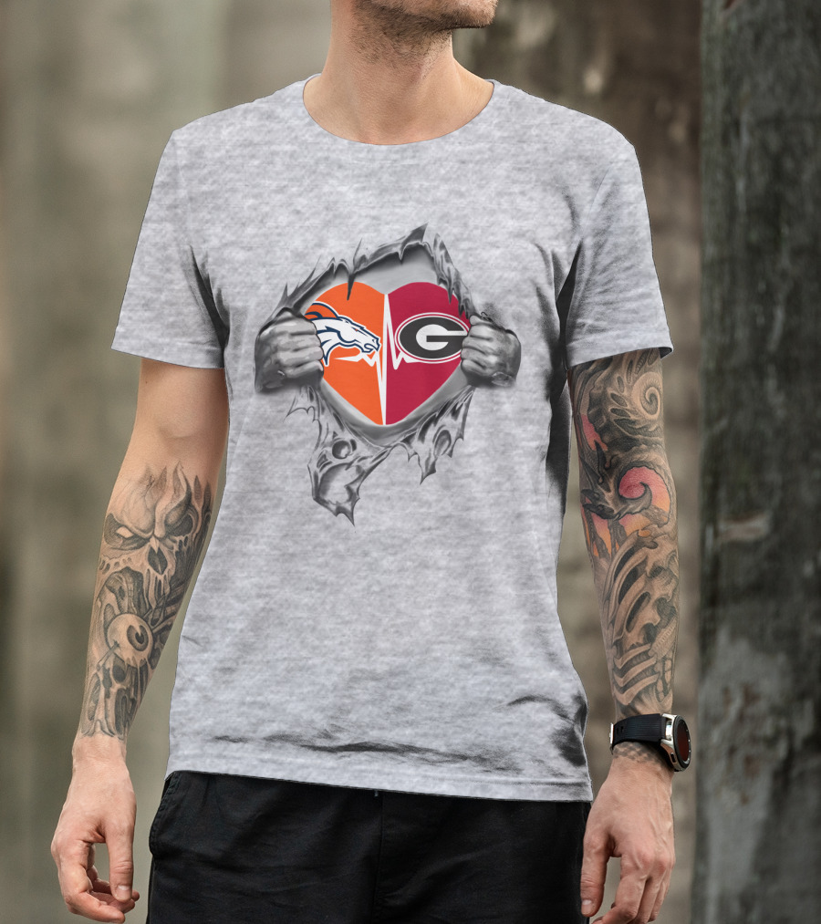 Denver Broncos Georgia Bulldogs Heart Logos T-Shirt