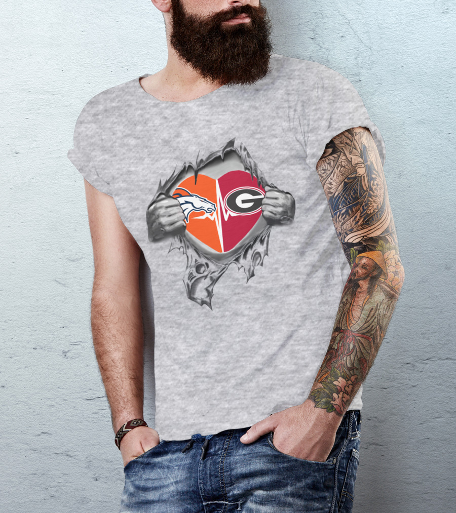 Denver Broncos Georgia Bulldogs Heart Logos T-Shirt