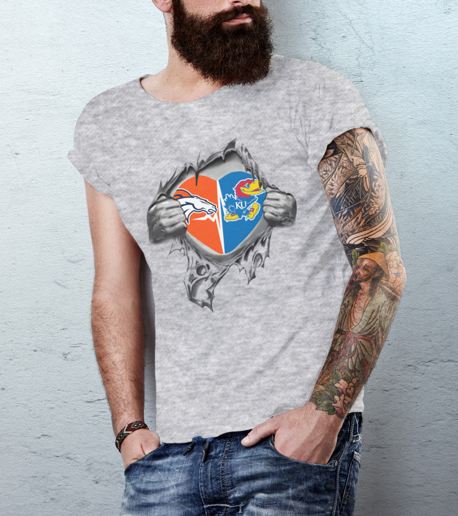 Denver Broncos Kansas Jayhawks Heart Logo Split Fan T-Shirt