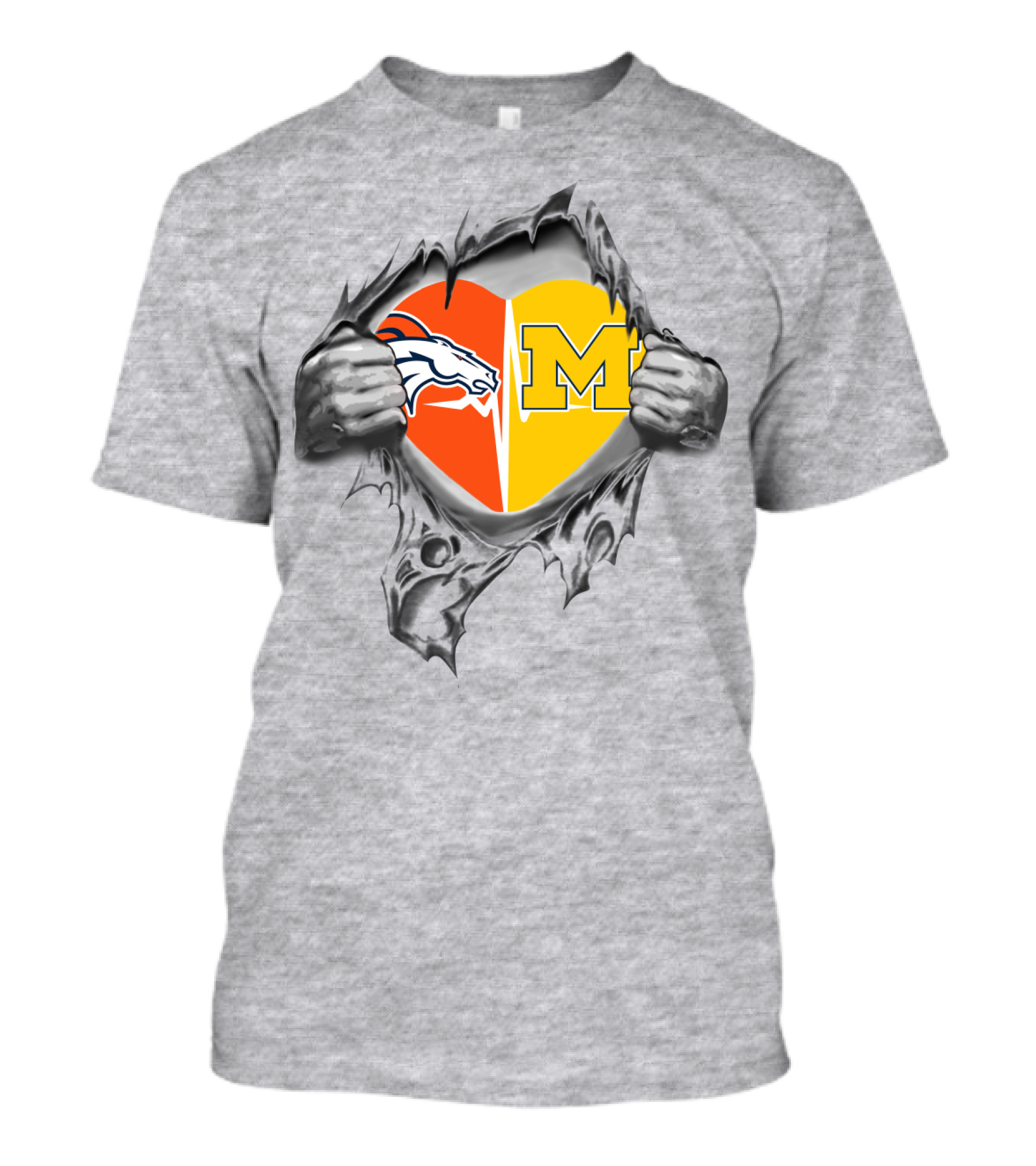 Broncos Michigan Heart Logo Tearing Dual Team Pride T-Shirt