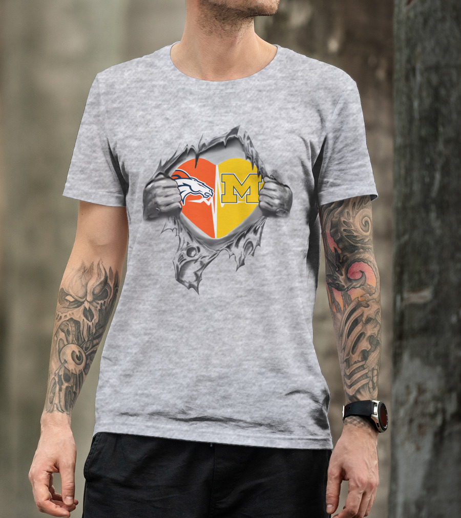 Broncos Michigan Heart Logo Tearing Dual Team Pride T-Shirt