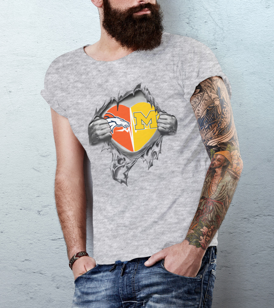 Broncos Michigan Heart Logo Tearing Dual Team Pride T-Shirt
