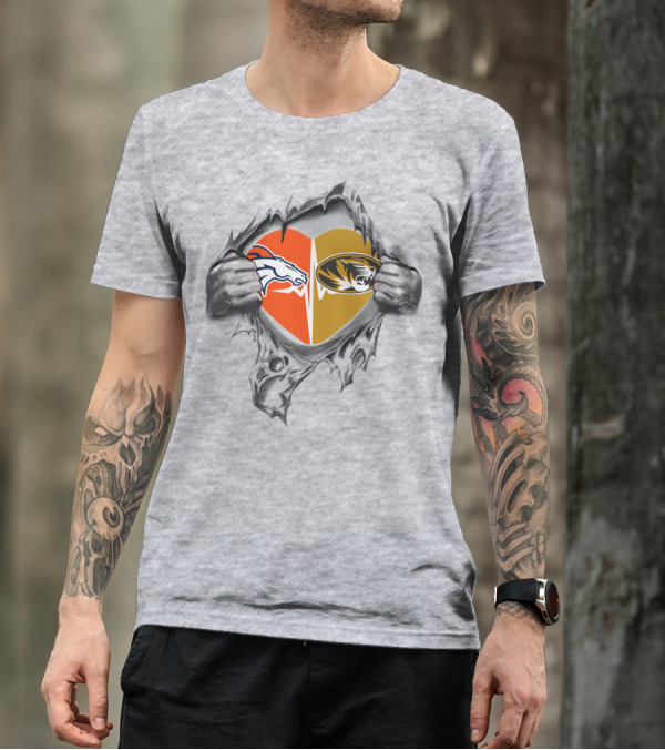 Broncos Missouri Tigers Heart Logos In Torn Hands T-Shirt
