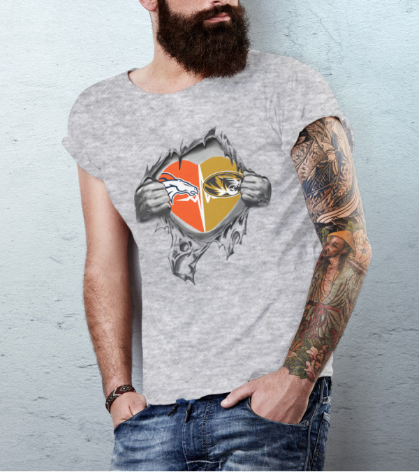 Broncos Missouri Tigers Heart Logos In Torn Hands T-Shirt
