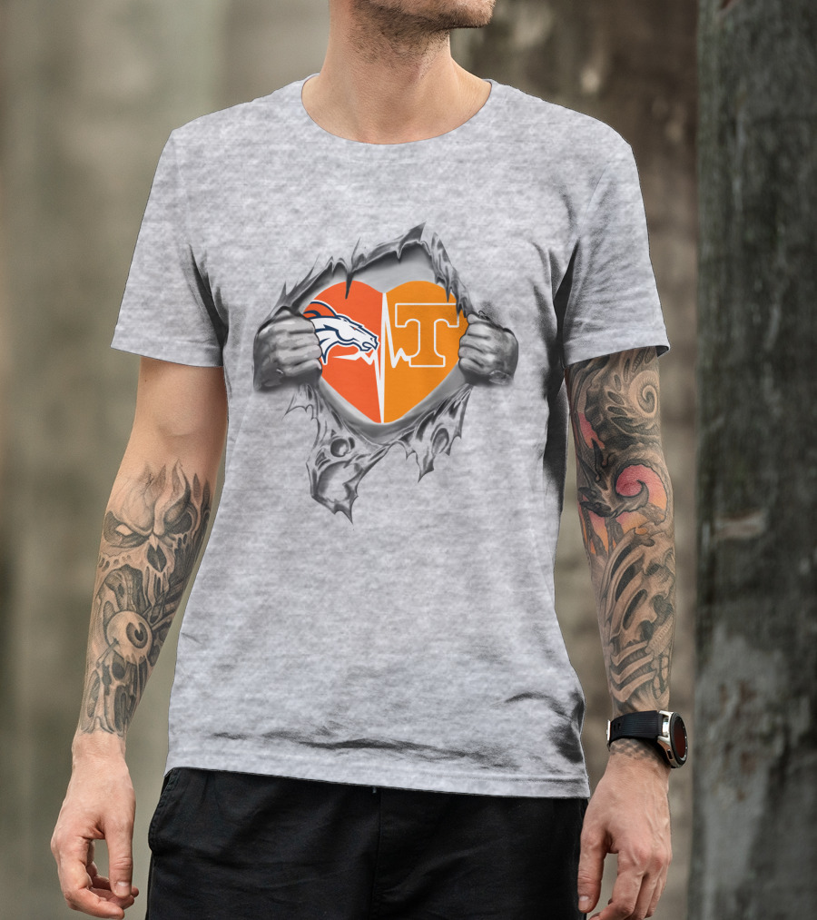 Broncos Horse Tennessee T Heart Logo Split With Hands And Rip Effect T-Shirt