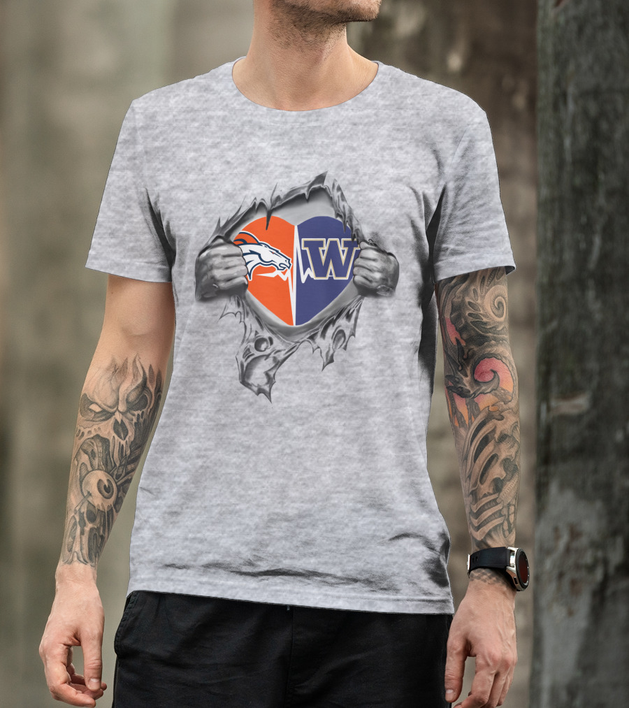 Broncos Huskies Heart Design Split With Logo Elements T-Shirt