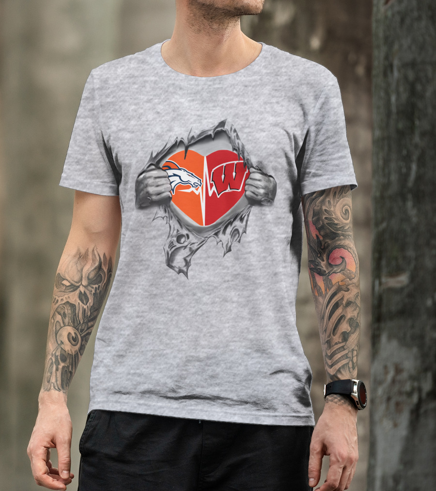 Broncos Badgers Heart Emblem Burst Through With Love Nfl Ncaa Team Pride T-Shirt
