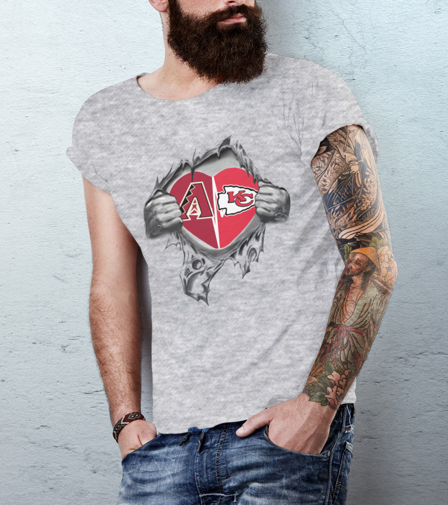 Chiefs Diamondbacks Heart Logo Hands Rip Football Baseball Fans T-Shirt