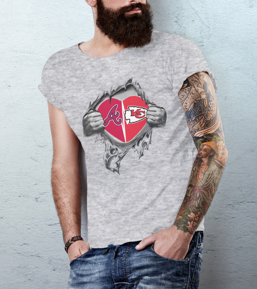 Braves Chiefs Heart Logos Through Torn Fabric T-Shirt