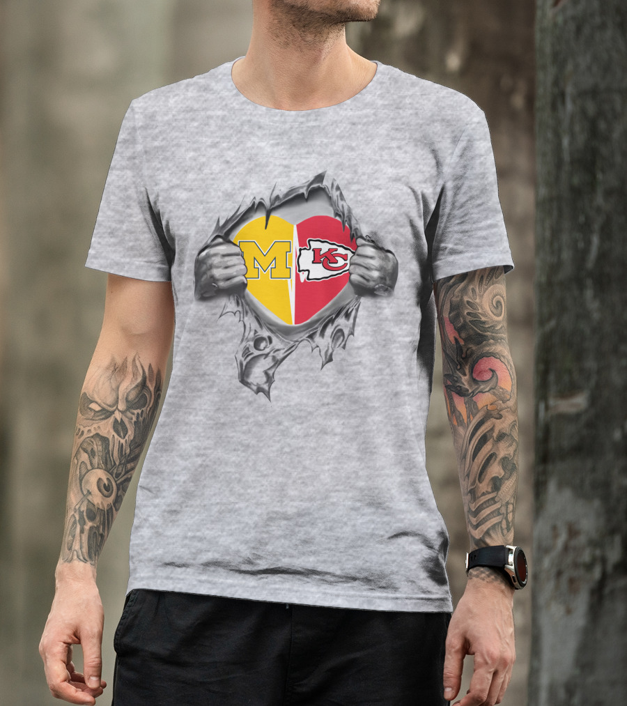 Chiefs Michigan M Heart Kansas City Football Fan Football Team Logos T-Shirt