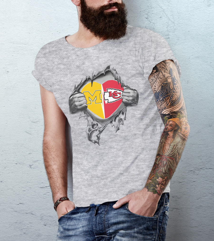 Chiefs Michigan M Heart Kansas City Football Fan Football Team Logos T-Shirt