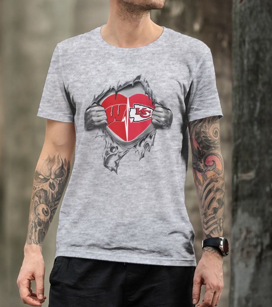 Kansas City Chiefs Wisconsin Badgers Heart Logo Fusion T-Shirt