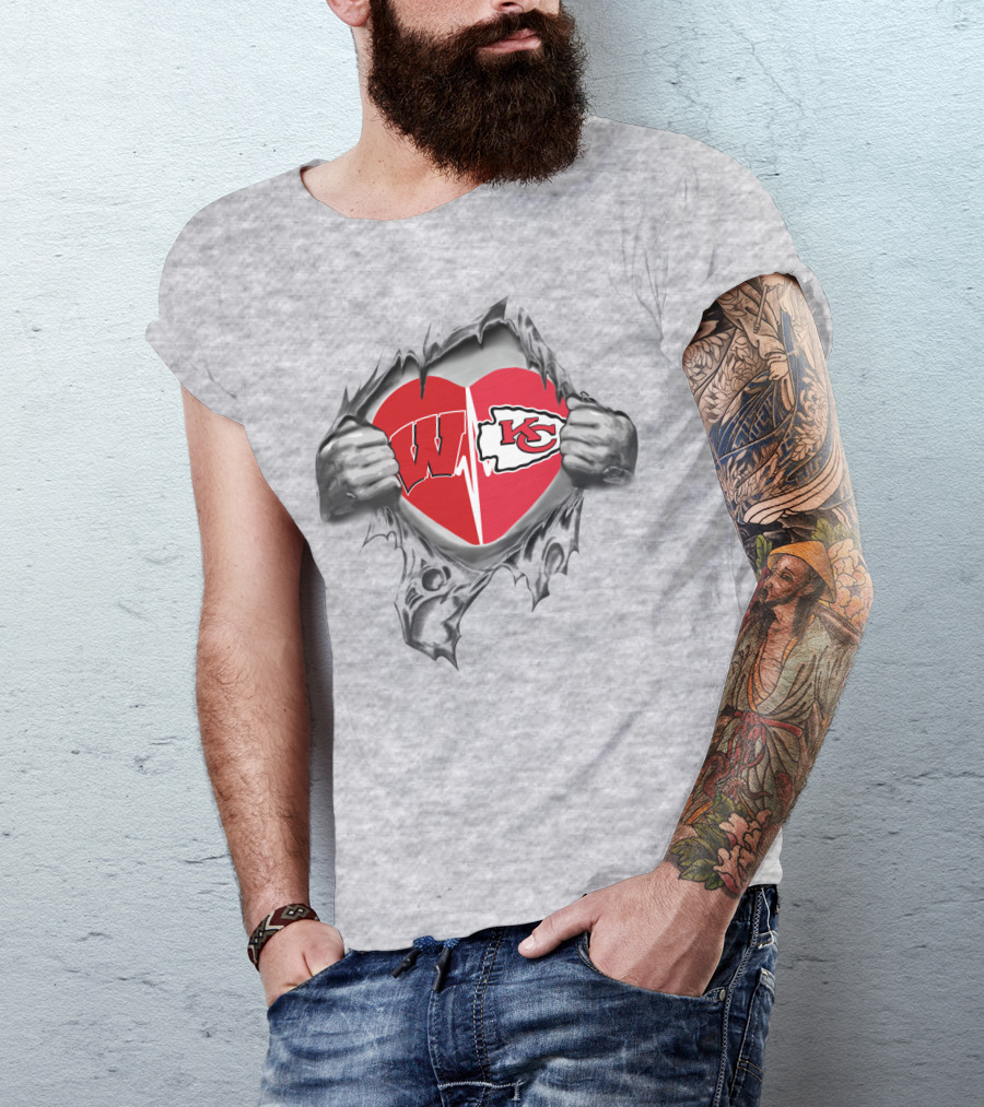 Kansas City Chiefs Wisconsin Badgers Heart Logo Fusion T-Shirt