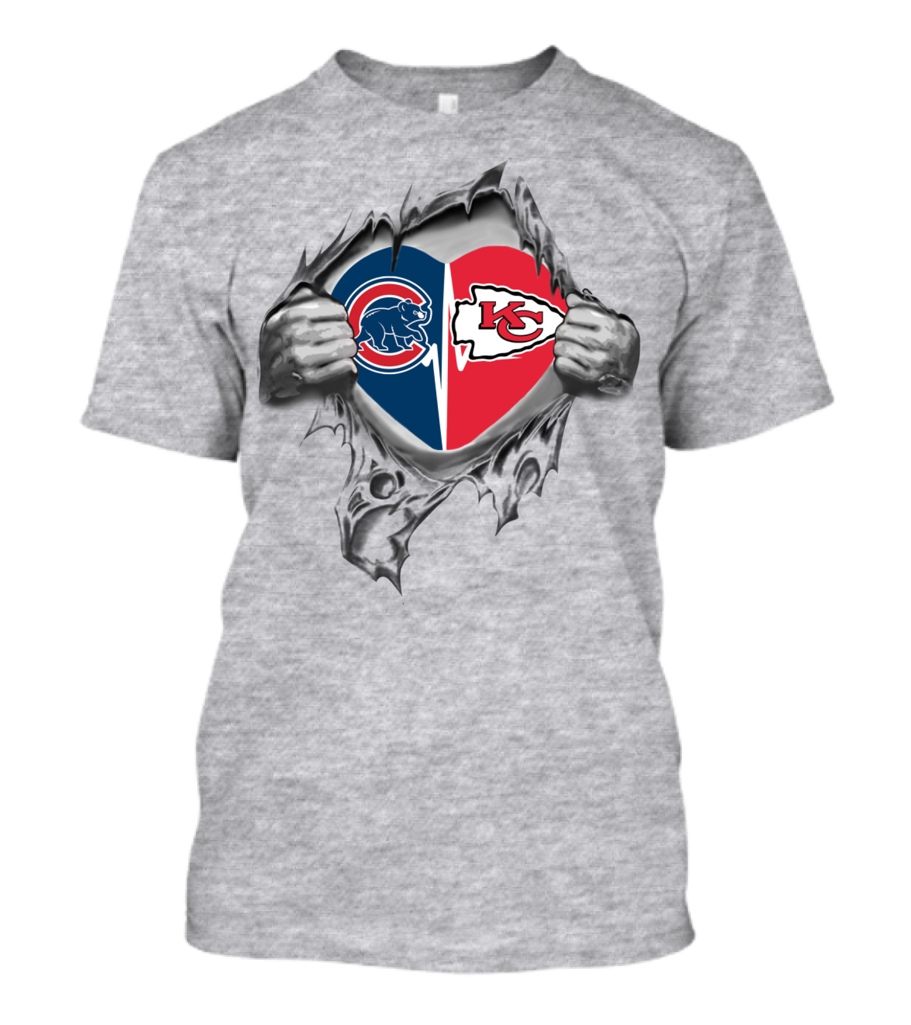 Cubs Chiefs Split Heart With Logos Under Ripped Skin T-Shirt