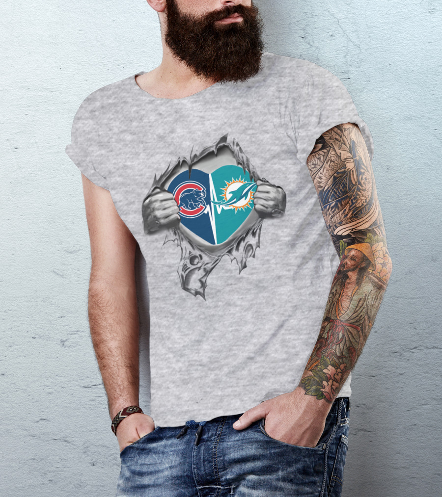 Cubs Dolphins Heartbeat Torn Chest Logo Combination T-Shirt
