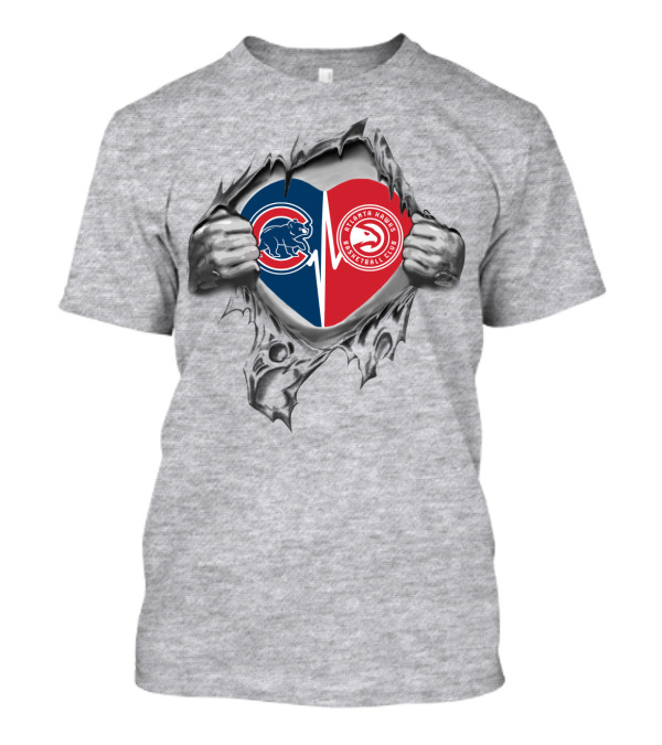 Cubs Hawks Heart With Chicago And Atlanta Logos On Torn Background T-Shirt