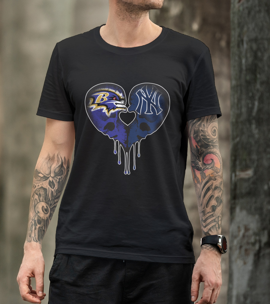 Ravens Yankees Skull Love Heart Dripping T-Shirt