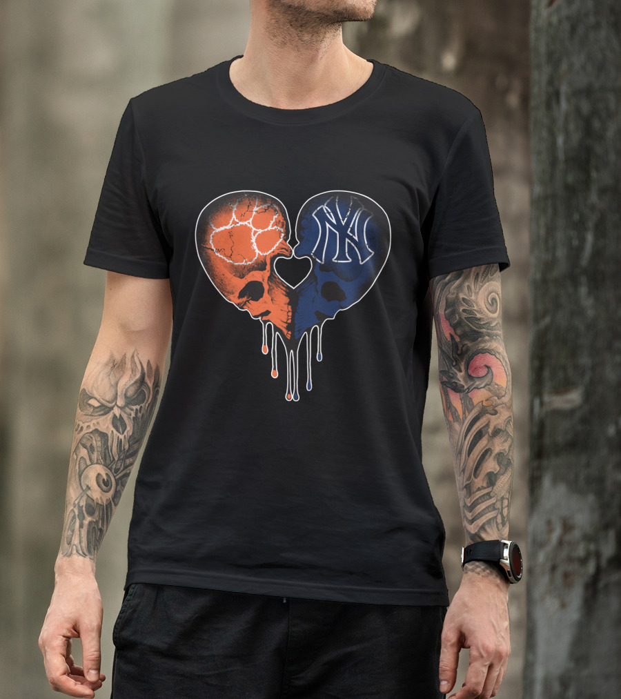 Clemson Tigers Skull And Yankees Skull Heart Love T-Shirt