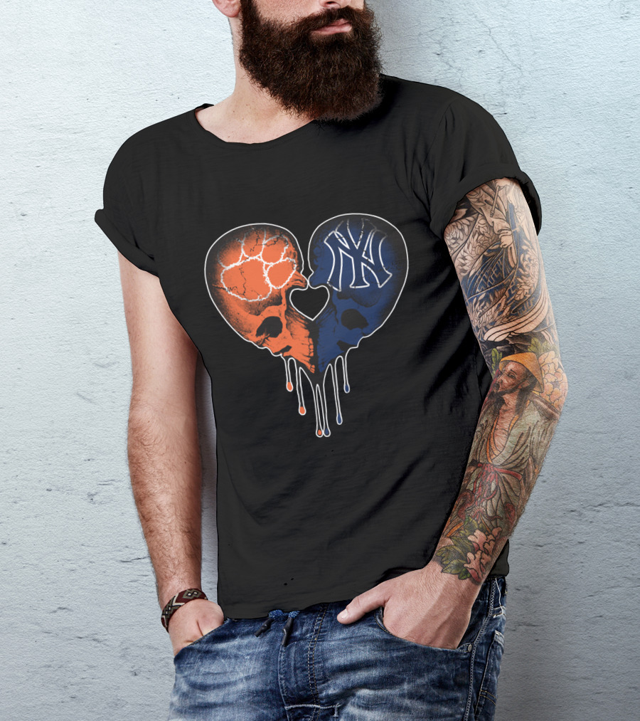 Clemson Tigers Skull And Yankees Skull Heart Love T-Shirt