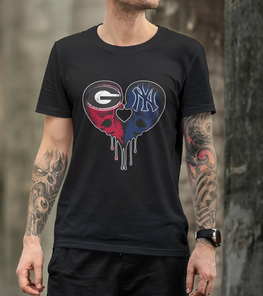 Georgia Bulldogs Yankees Dripping Skull Heart T-Shirt