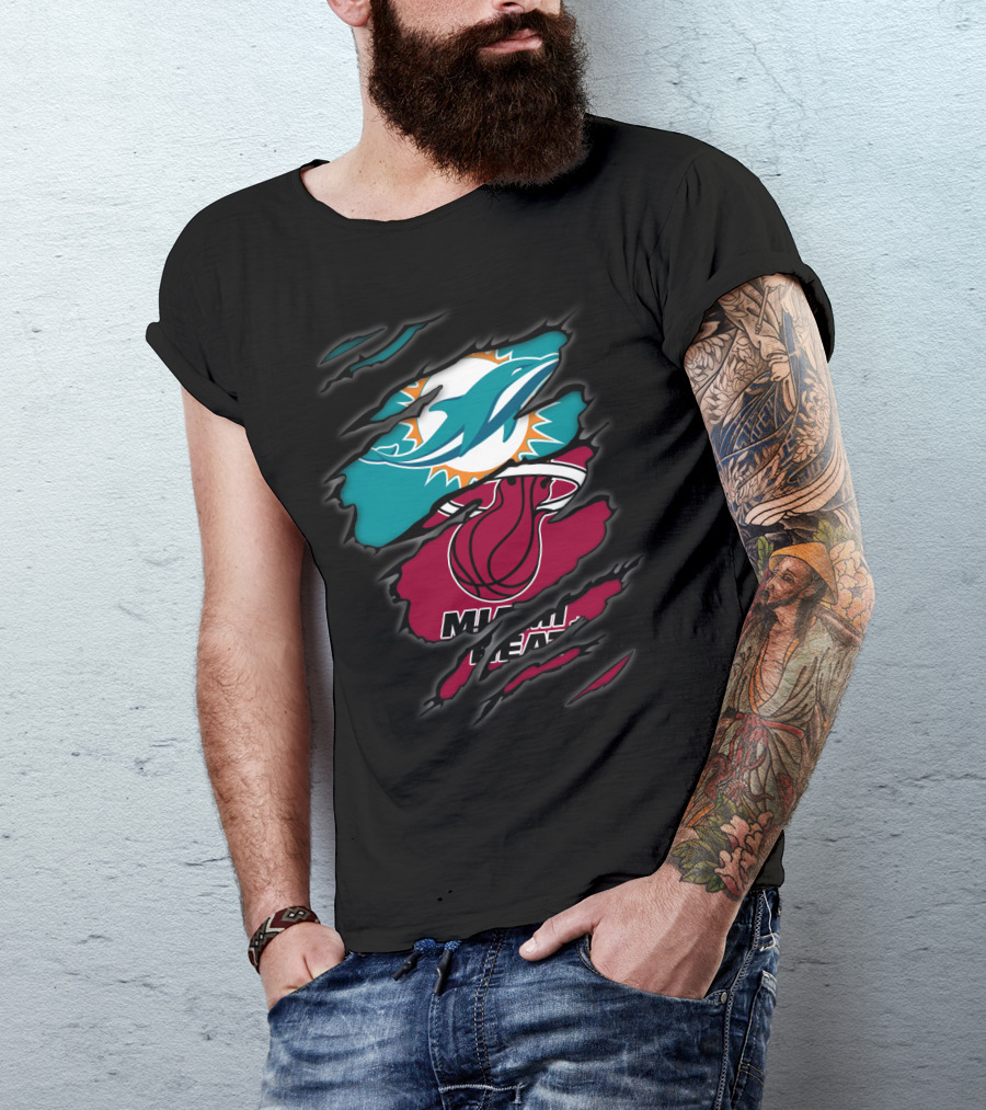 Miami Dolphins Miami Heat Crossover Collaboration Logos T-Shirt