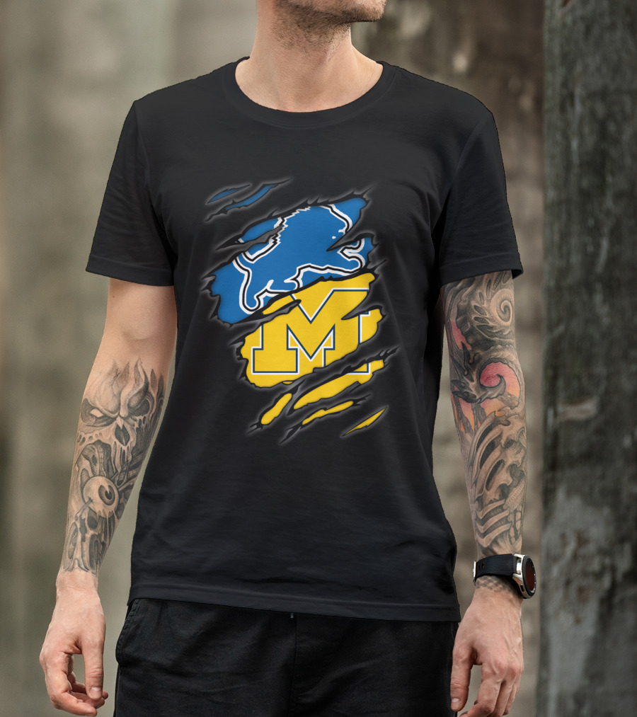 Detroit Lions Michigan Wolverines Football Fan Logo Crossover T-Shirt