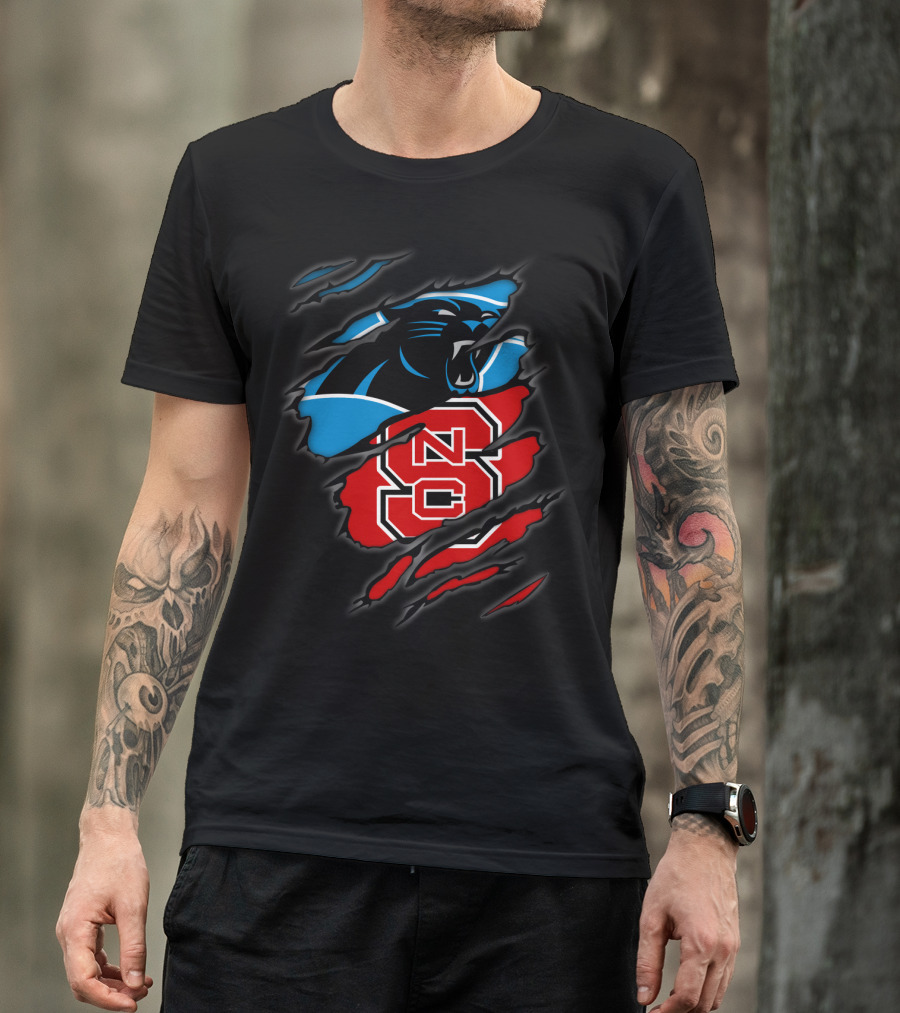 Carolina Panthers Nc State Wolfpack Hybrid Logo Ripped T-Shirt