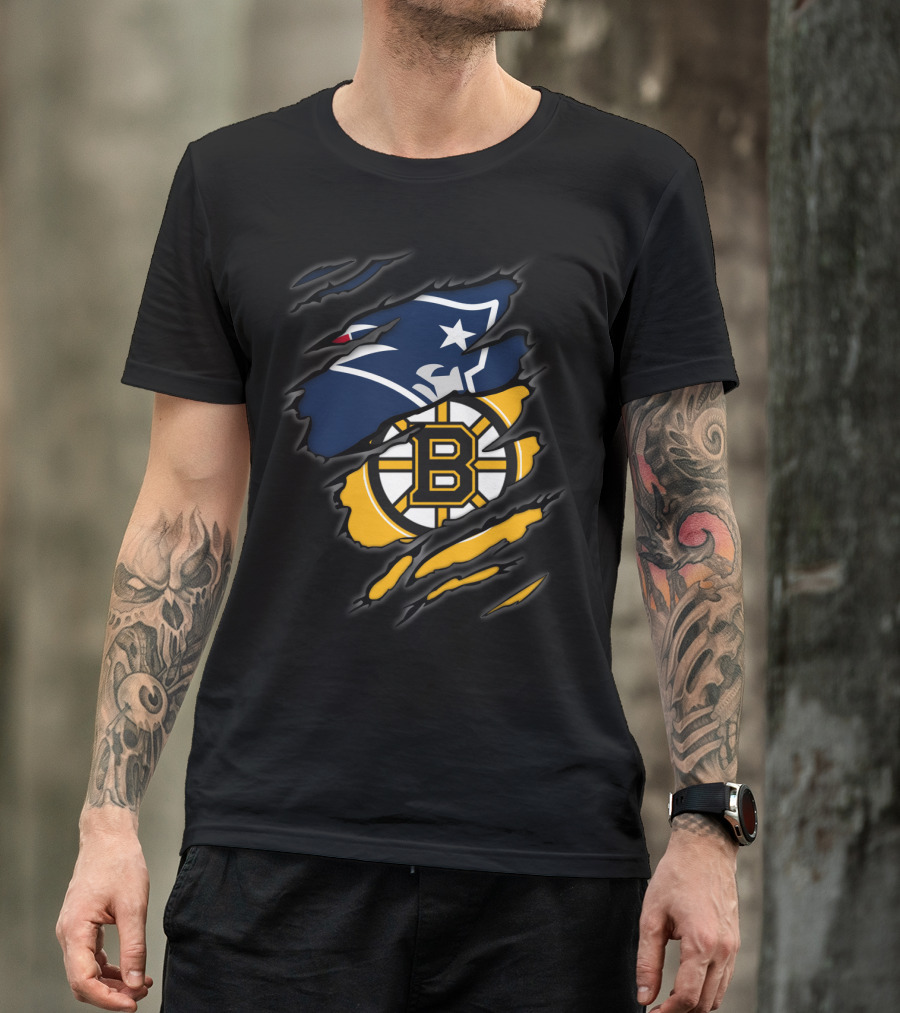 Patriots Bruins Torn Team Fusion New England Boston Sports Logos T-Shirt