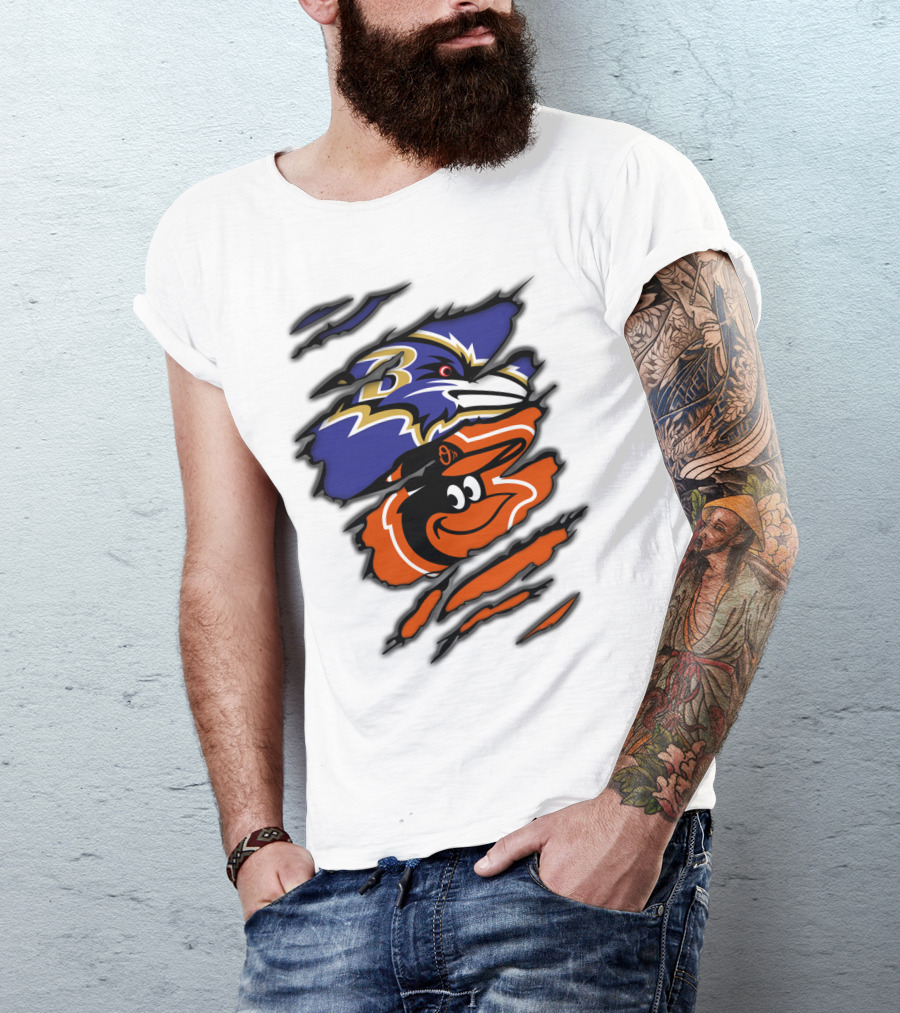 Baltimore Ravens Orioles Logos Ripped T-Shirt