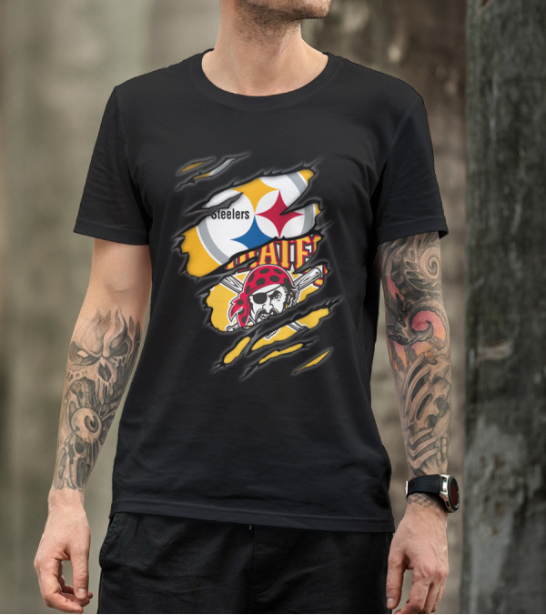 Steelers Pirates Logo Mashup Ripped Effect T-Shirt