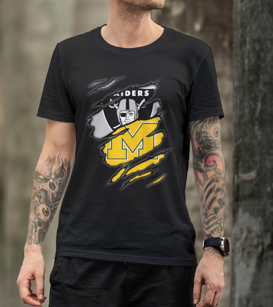 Raiders Oakland Helmet With Michigan Block M Fusion T-Shirt