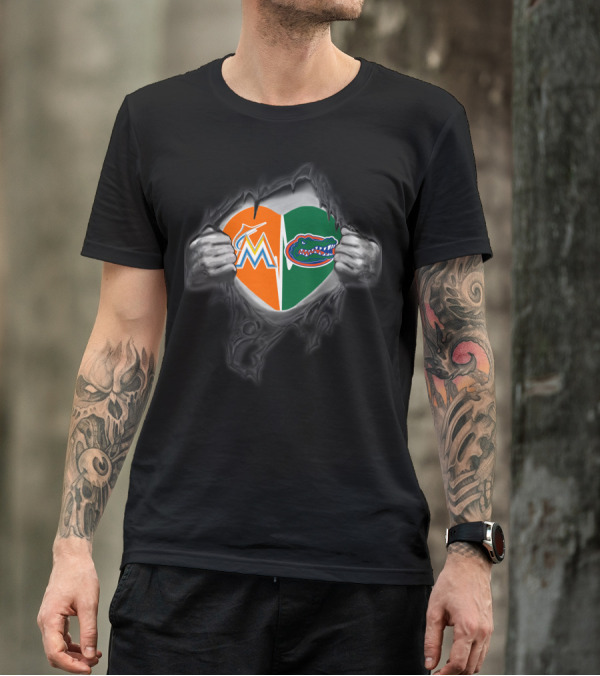 Marlins Gators Heart Split Logo Combo T-Shirt