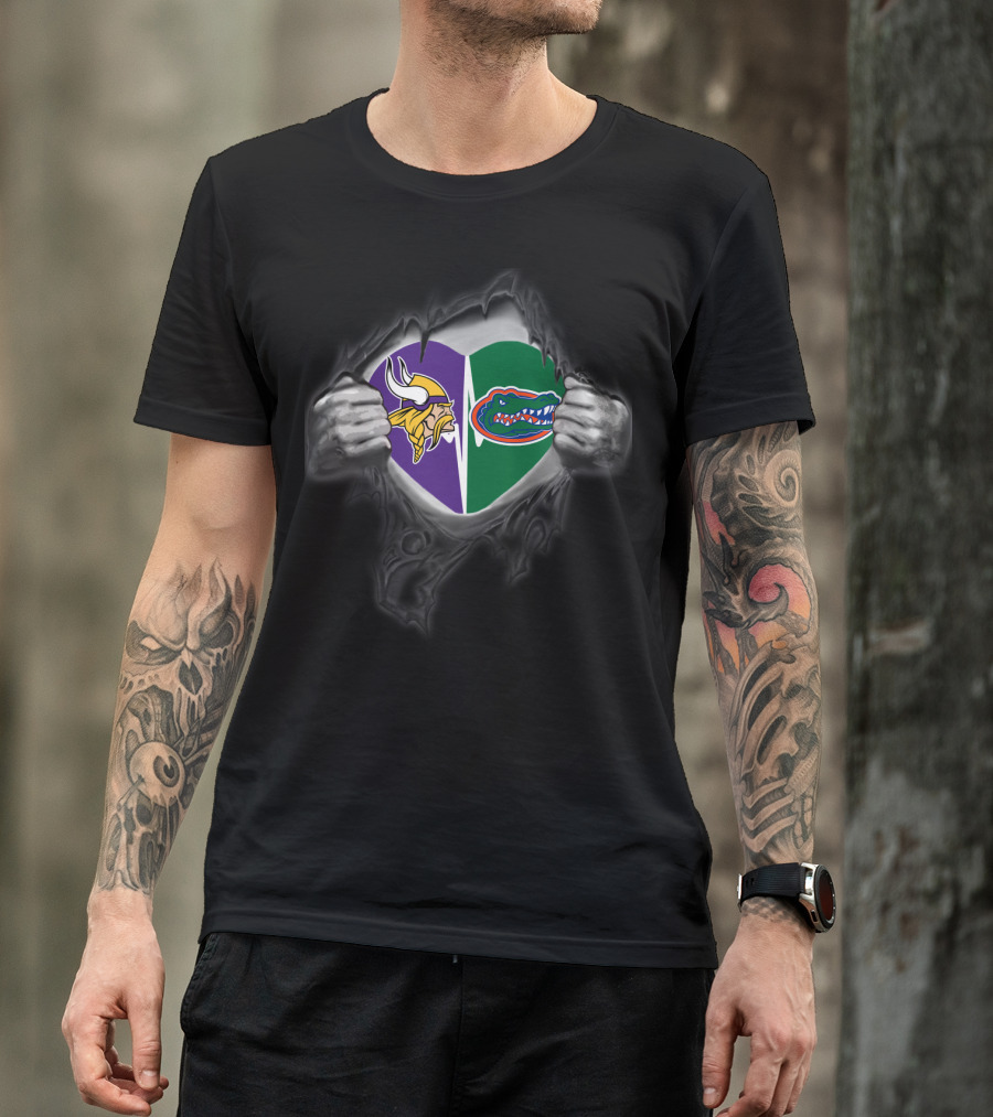 Vikings Gators Heart Split Logo Inside Ripped Chest T-Shirt