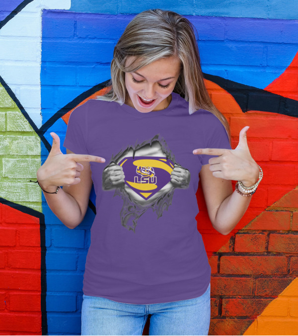 LSU Tigers Superman Logo With Hands Ripping Purple T-Shirt