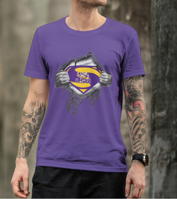 LSU Tigers Superman Logo With Hands Ripping Purple T-Shirt