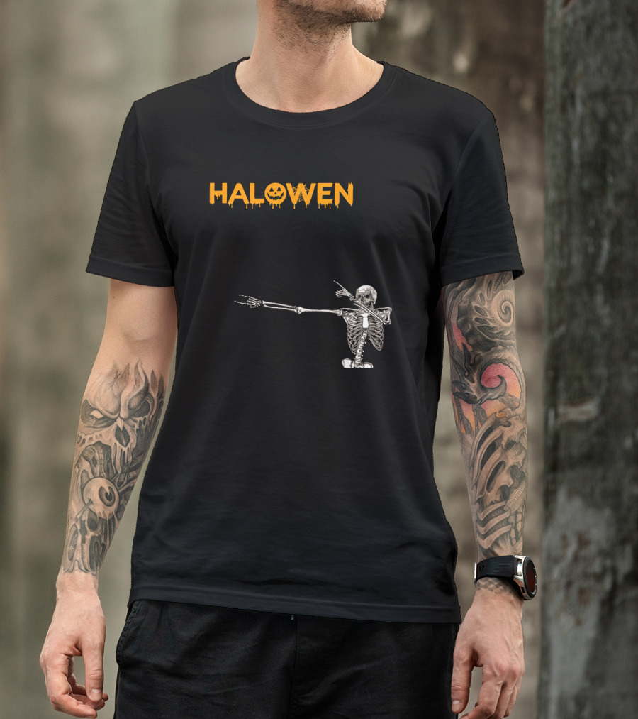 Halowen Skeleton Dabbing With Pumpkin Face T-Shirt