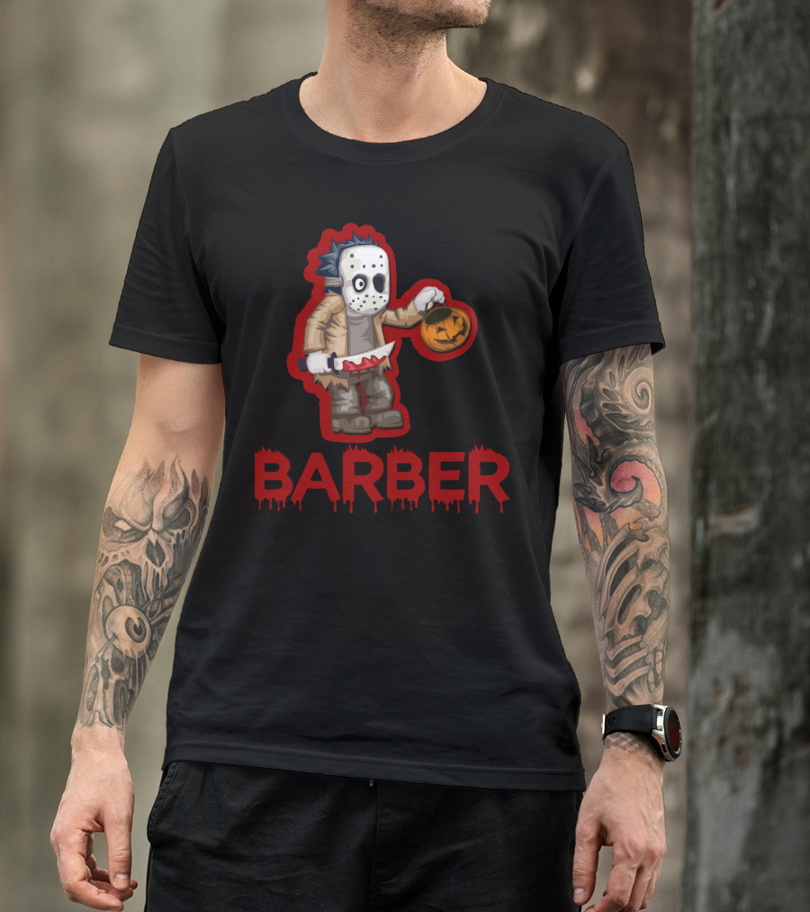 Halloween Barber Hairstylist Masked Horror With Pumpkin And Knife T-Shirt