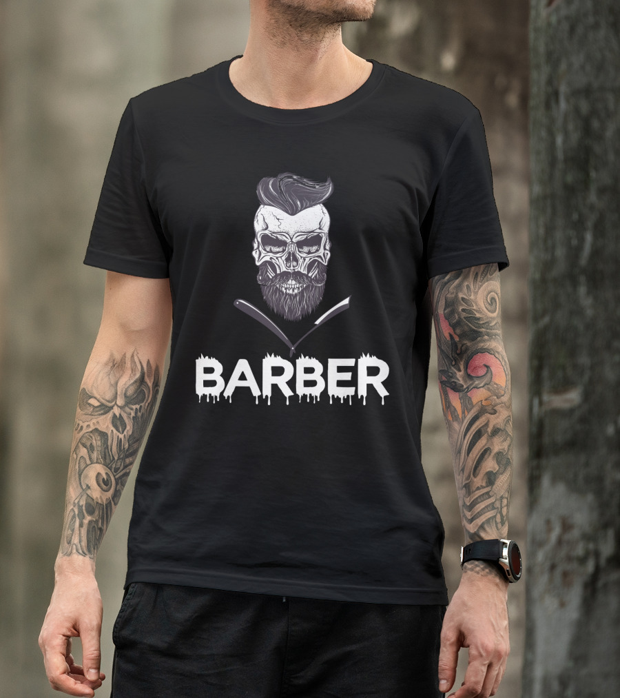 Barber Skull With Straight Razors Halloween Hairstylist T-Shirt