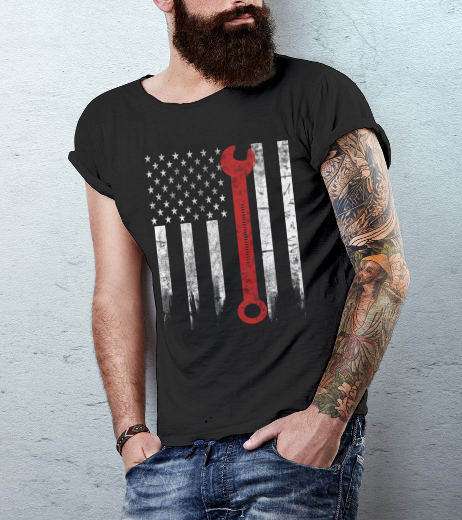 American Flag Wrench Engineer T-Shirt