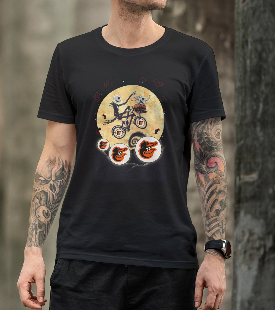 Baltimore Orioles Halloween With Skeleton On Bicycle And Moon Bats T-Shirt