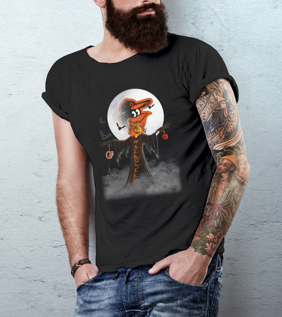 Halloween Baltimore Orioles Spooky Full Moon Scarecrow With Bats T-Shirt