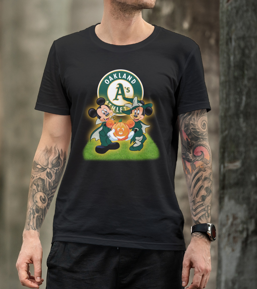 Oakland Athletics Halloween Mickey And Minnie With Pumpkin T-Shirt