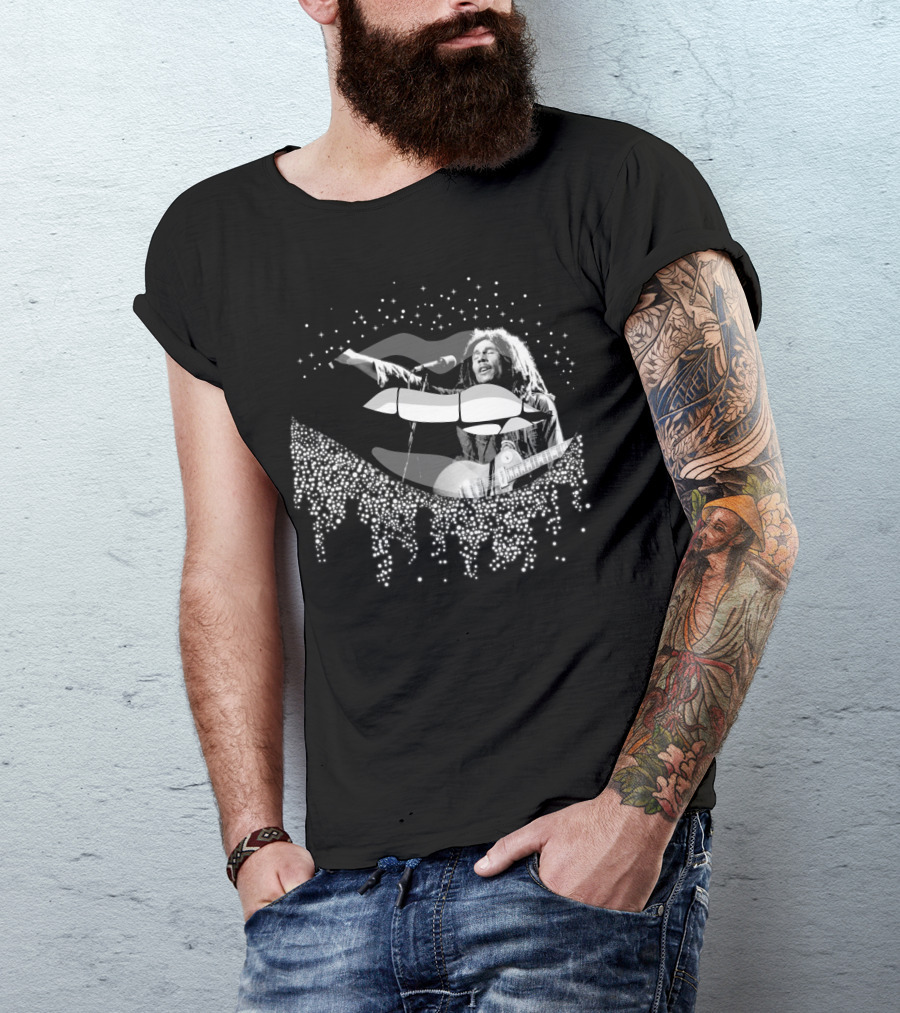 Bob Marley Black And White Lips With Guitar And Sparkle T-Shirt