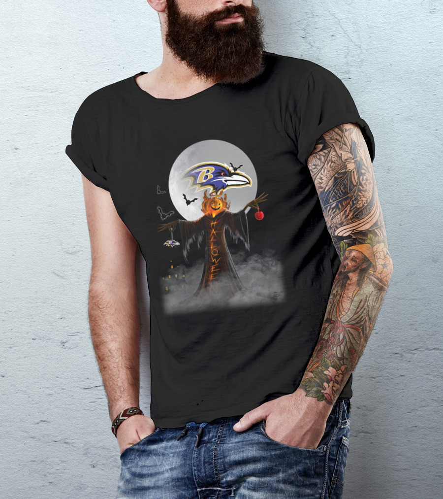 Baltimore Ravens Halloween Moon With Scarecrow And Pumpkin Head T-Shirt