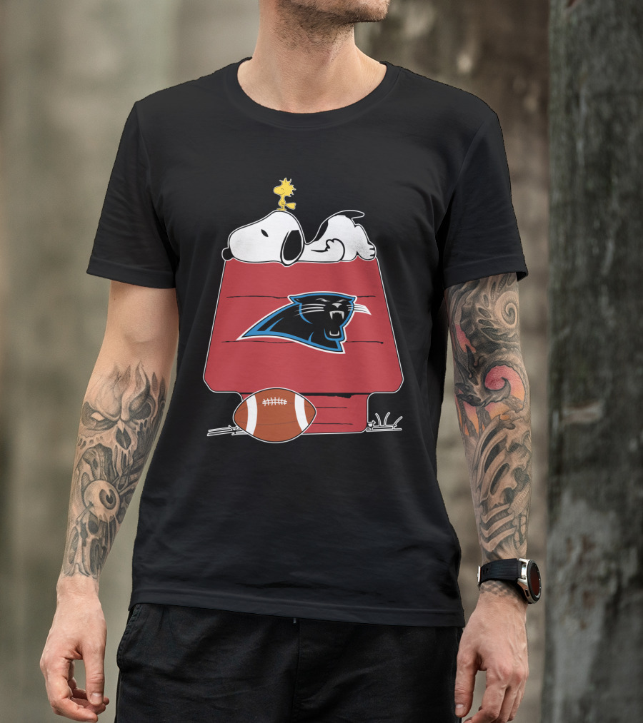 Snoopy And Woodstock On Doghouse With Carolina Panthers Logo And Football T-Shirt