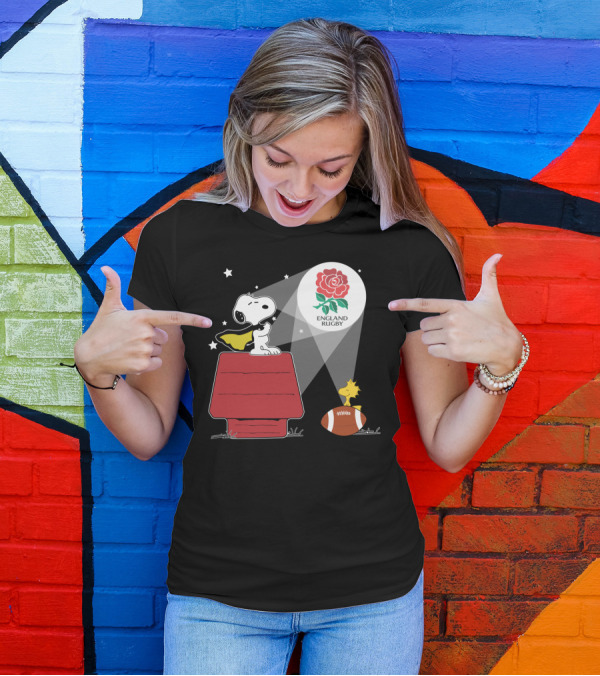 England Rugby RFU Snoopy Doghouse Spotlight With Woodstock And Rugby Ball T-Shirt