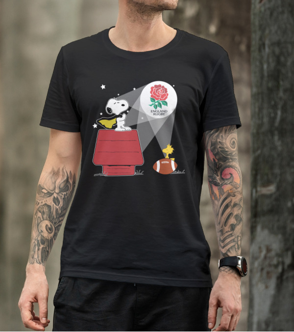England Rugby RFU Snoopy Doghouse Spotlight With Woodstock And Rugby Ball T-Shirt